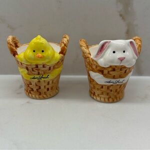2 Vintage Laura Secord Yellow Chick and White Bunny in Basket Easter Egg Cups